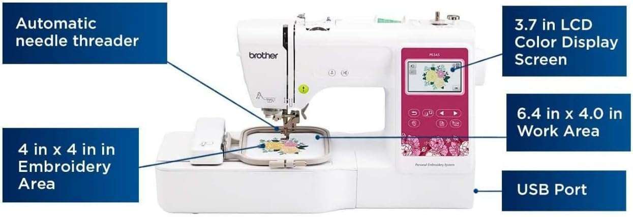 Brother PE545 Embroidery Machine, Wireless LAN Connected, 135 Built-in Designs, 4 x 4 Hoop Area, Large 3.7 LCD Touchscreen, USB Port, 10 Font Styles - 2