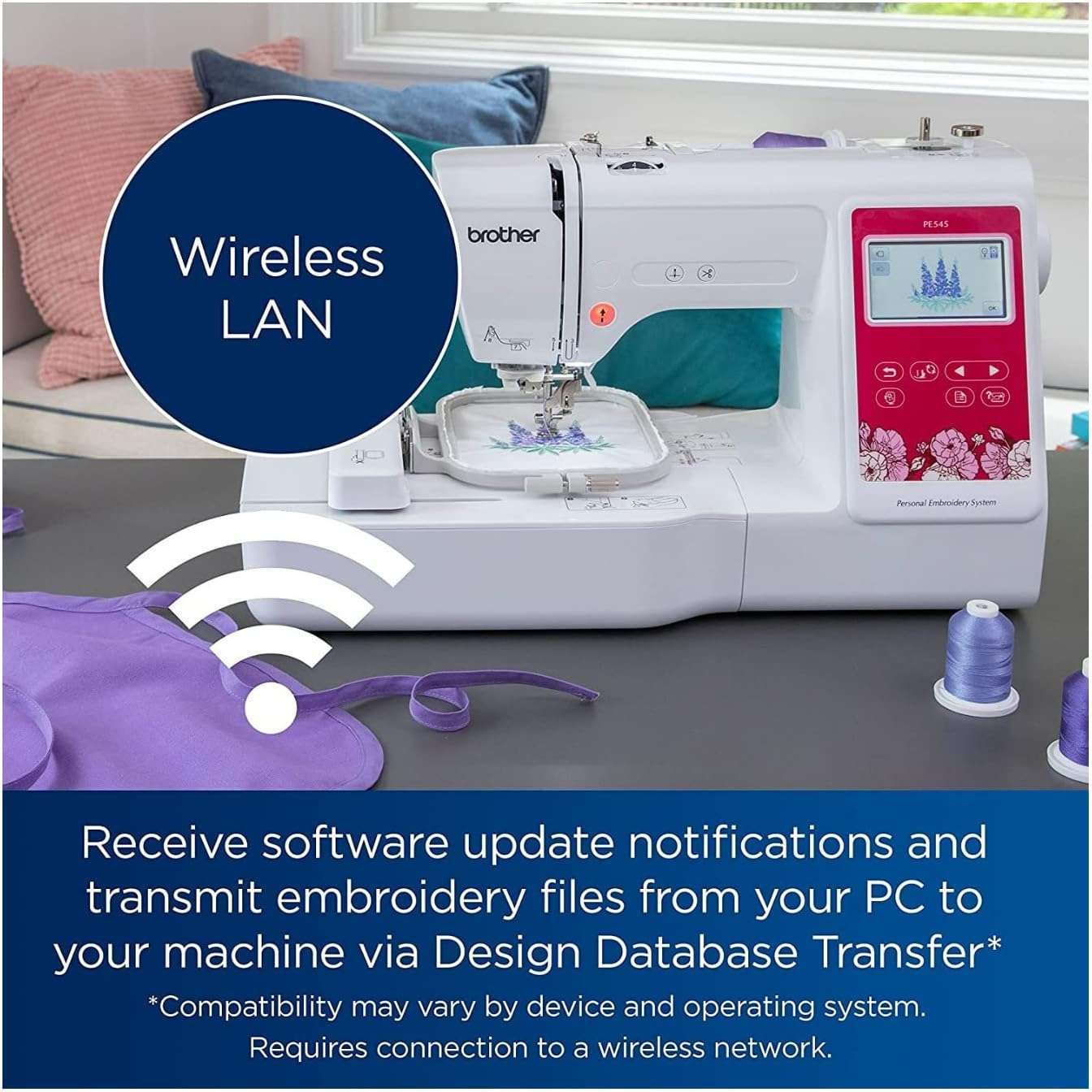 Brother PE545 Embroidery Machine, Wireless LAN Connected, 135 Built-in Designs, 4 x 4 Hoop Area, Large 3.7 LCD Touchscreen, USB Port, 10 Font Styles - 5