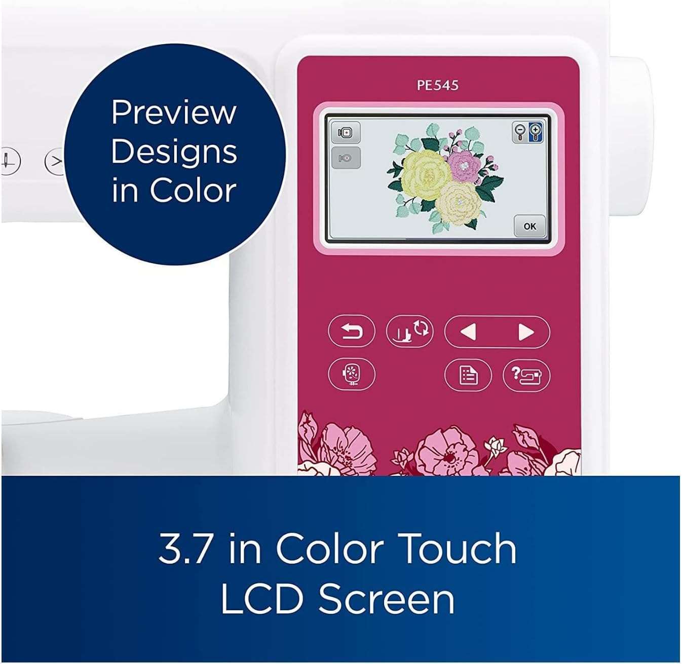 Brother PE545 Embroidery Machine, Wireless LAN Connected, 135 Built-in Designs, 4 x 4 Hoop Area, Large 3.7 LCD Touchscreen, USB Port, 10 Font Styles - 8