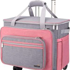 FINESUN Sewing Machine Case with Wheels, Foldable Deluxe Rolling Sewing Machine Carrying Bag for Brother, Singer, Bernina and Most Machines,pink-grey - 1