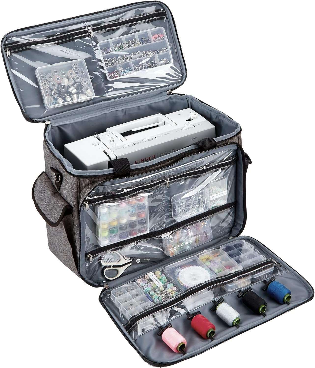 HOMEST Sewing Machine Carrying Case with Multiple Storage Pockets, Universal Tote Bag with Shoulder Strap Compatible with Most Standard Singer, Brother, Janome, Grey - 2