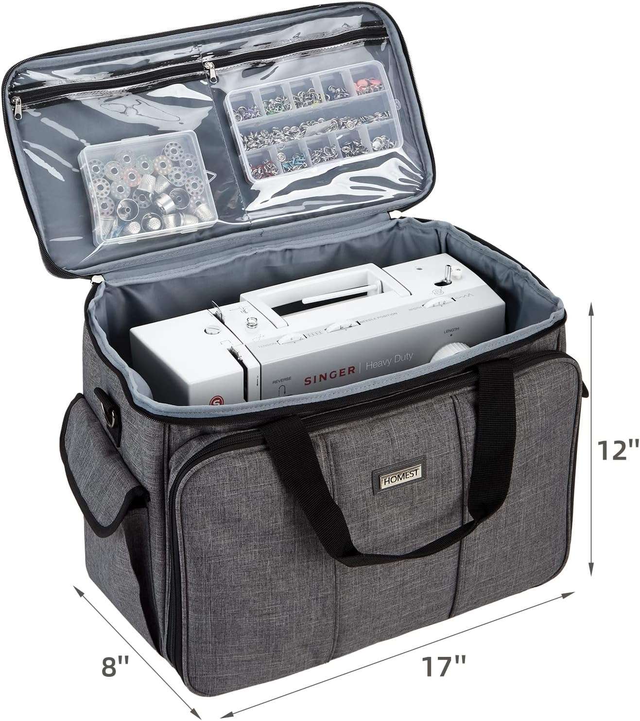HOMEST Sewing Machine Carrying Case with Multiple Storage Pockets, Universal Tote Bag with Shoulder Strap Compatible with Most Standard Singer, Brother, Janome, Grey - 4