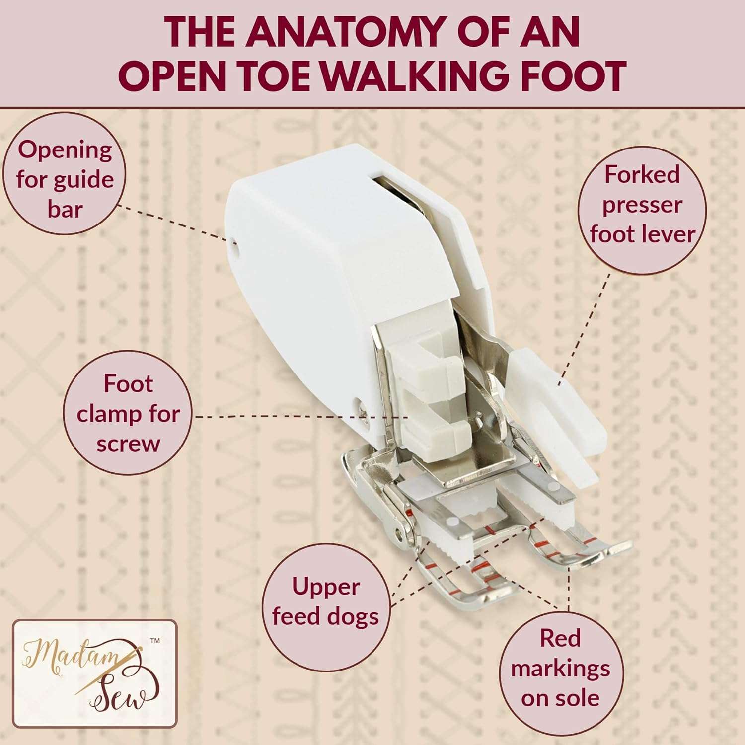 Madam Sew Open Toe Walking Foot for Quilting and Sewing - Stitch Through Multiple Layers and Match Prints - Compatible with Low-Shank Sewing Machine - Brother, Singer, Janome, Babylock & More - 2