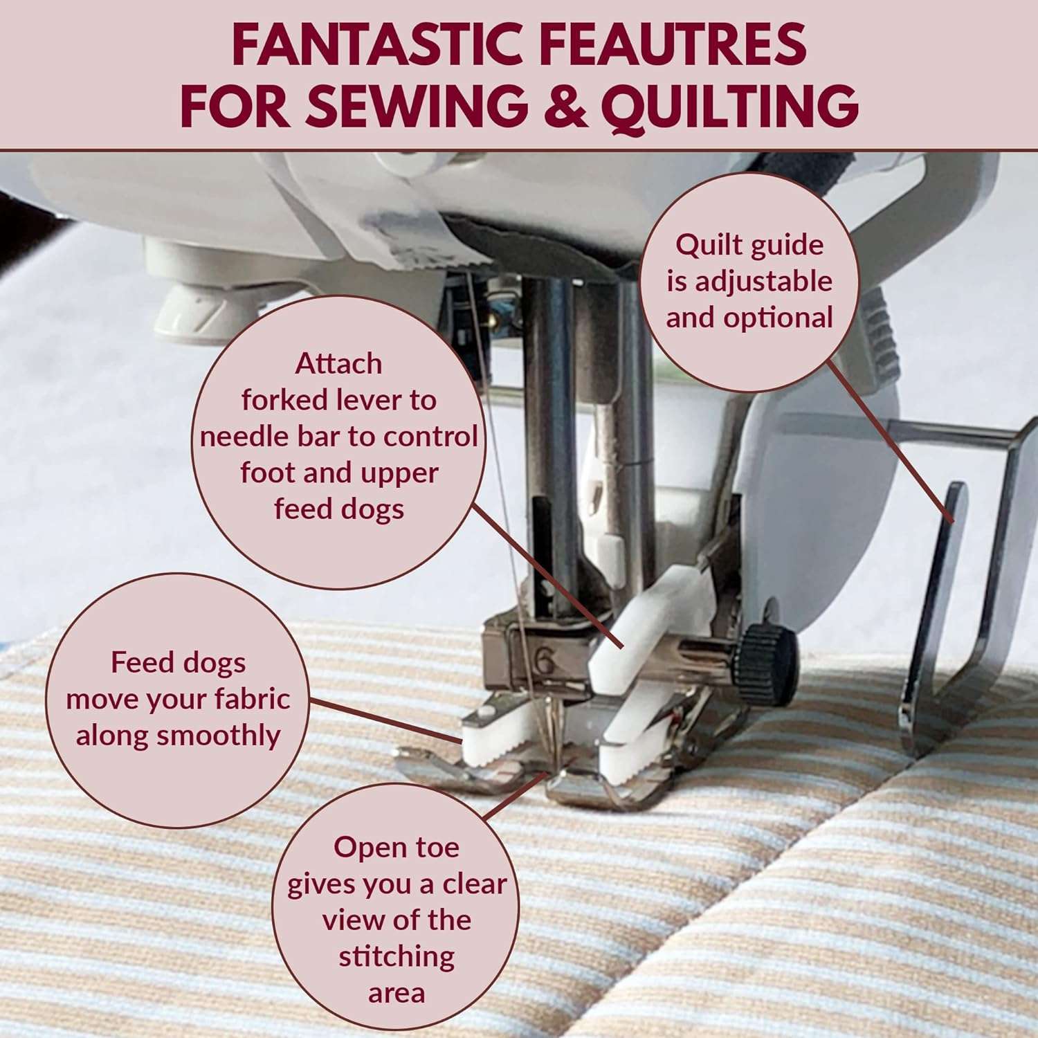 Madam Sew Open Toe Walking Foot for Quilting and Sewing - Stitch Through Multiple Layers and Match Prints - Compatible with Low-Shank Sewing Machine - Brother, Singer, Janome, Babylock & More - 3
