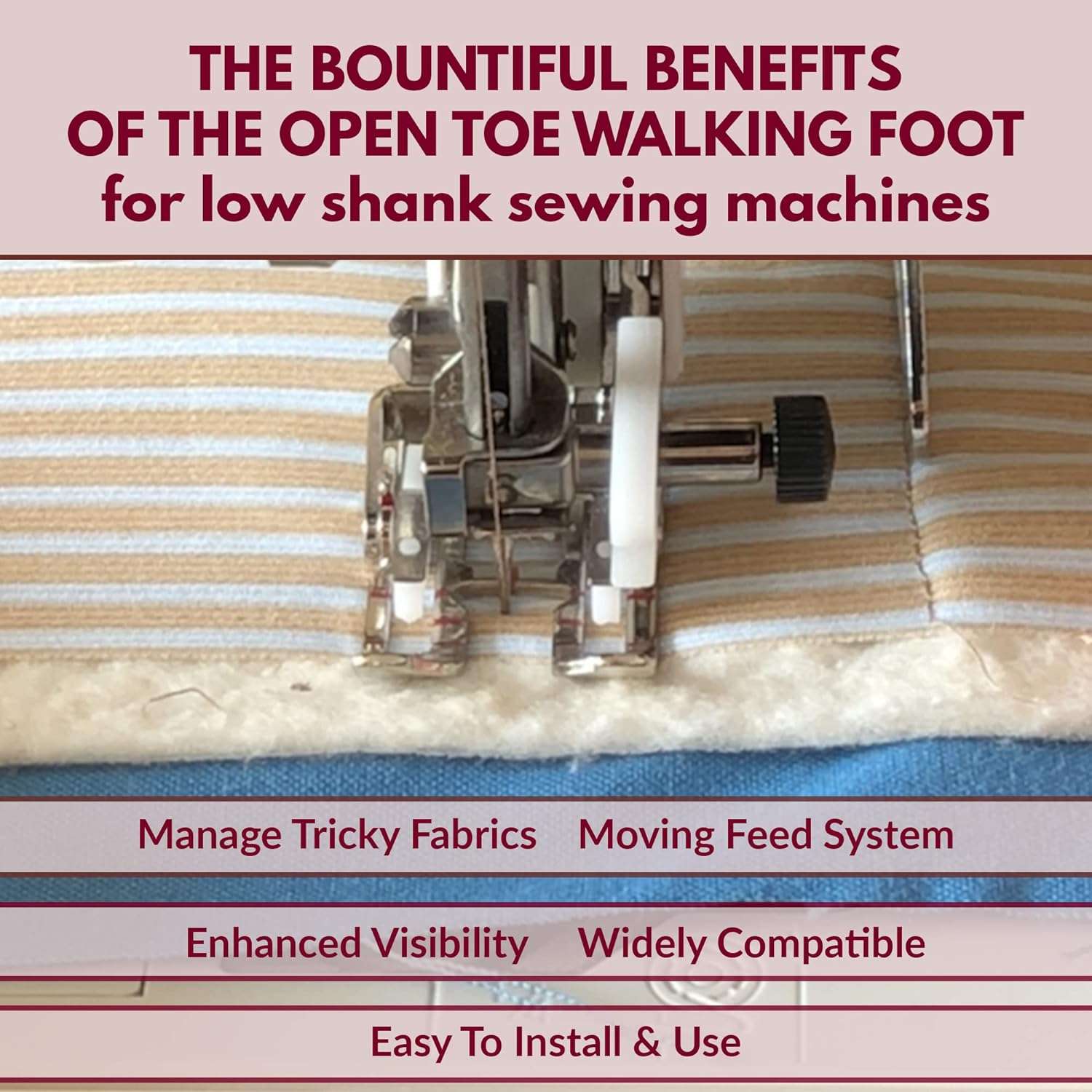 Madam Sew Open Toe Walking Foot for Quilting and Sewing - Stitch Through Multiple Layers and Match Prints - Compatible with Low-Shank Sewing Machine - Brother, Singer, Janome, Babylock & More - 4