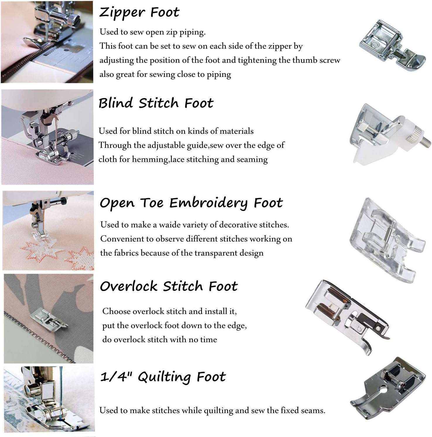 Presser Feet Set 11Pcs Snap On Sewing Machine Foot for Brother Singer Janome Babylock Kenmore Low Shank Sewing Machine Use - 4