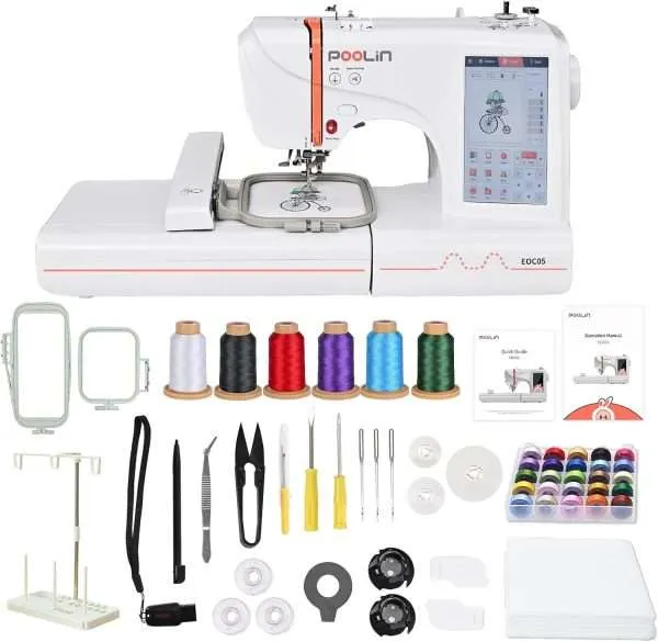 EOC05 Embroidery Machine, 4x9.25 Inches Large Embroidery Area for Clothing, Computerized 7 Inches Large LCD Touchscreen for Beginner, Come with 6 Threads & Tear Away Stabilizer & Bobbins