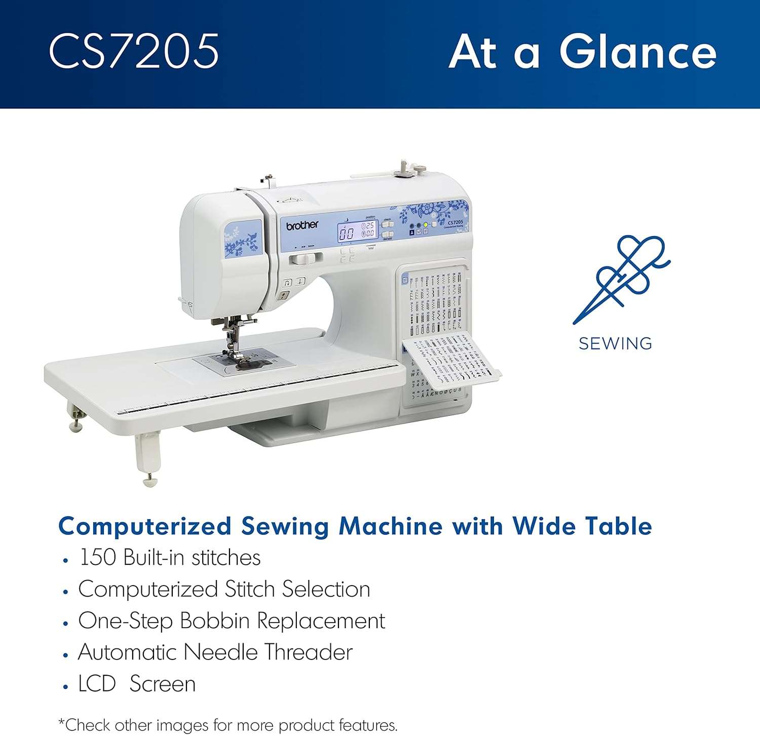 Brother CS7205 Computerized Sewing Machine with Wide Table, 150 Built-in Sewing Stitches, 1 Font, Wide Table, 11 Sewing Feet - 2