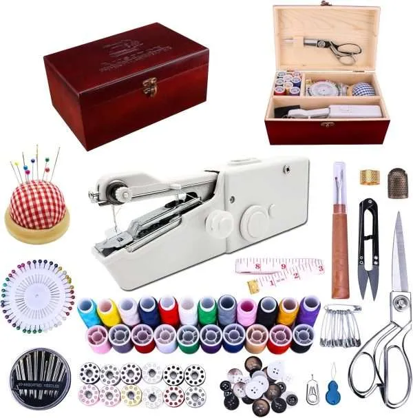 Handheld Sewing Machine, Hand held Sewing Device Heavy duty, Hand Sewing Machine Portable, Wooden Sewing Box with 153 Pcs Sewing Kit