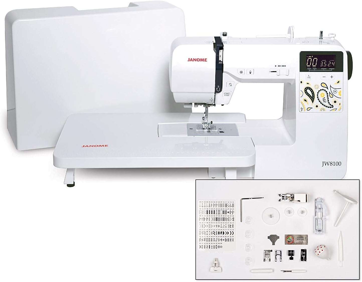 Janome JW8100 Fully-Featured Computerized Sewing Machine with 100 Stitches, 7 Buttonholes, Hard Cover, Extension Table and 22 Accessories - 1