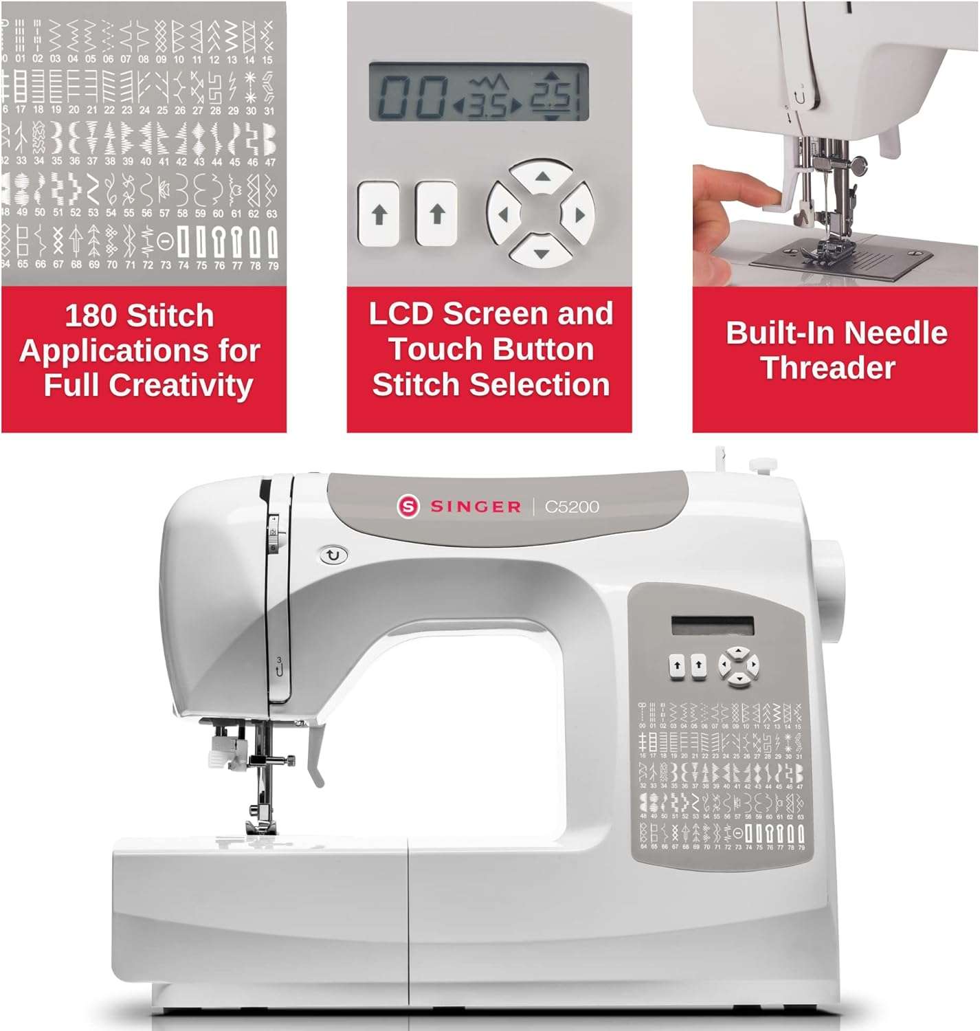 SINGER C5200 Computerized Sewing & Quilting Machine with Extension Table & Accessory Kit - 180 Stitch Applications, Touch Button Stitch Selection, LCD Screen, Full Metal Frame & 1-step Buttonhole - 5