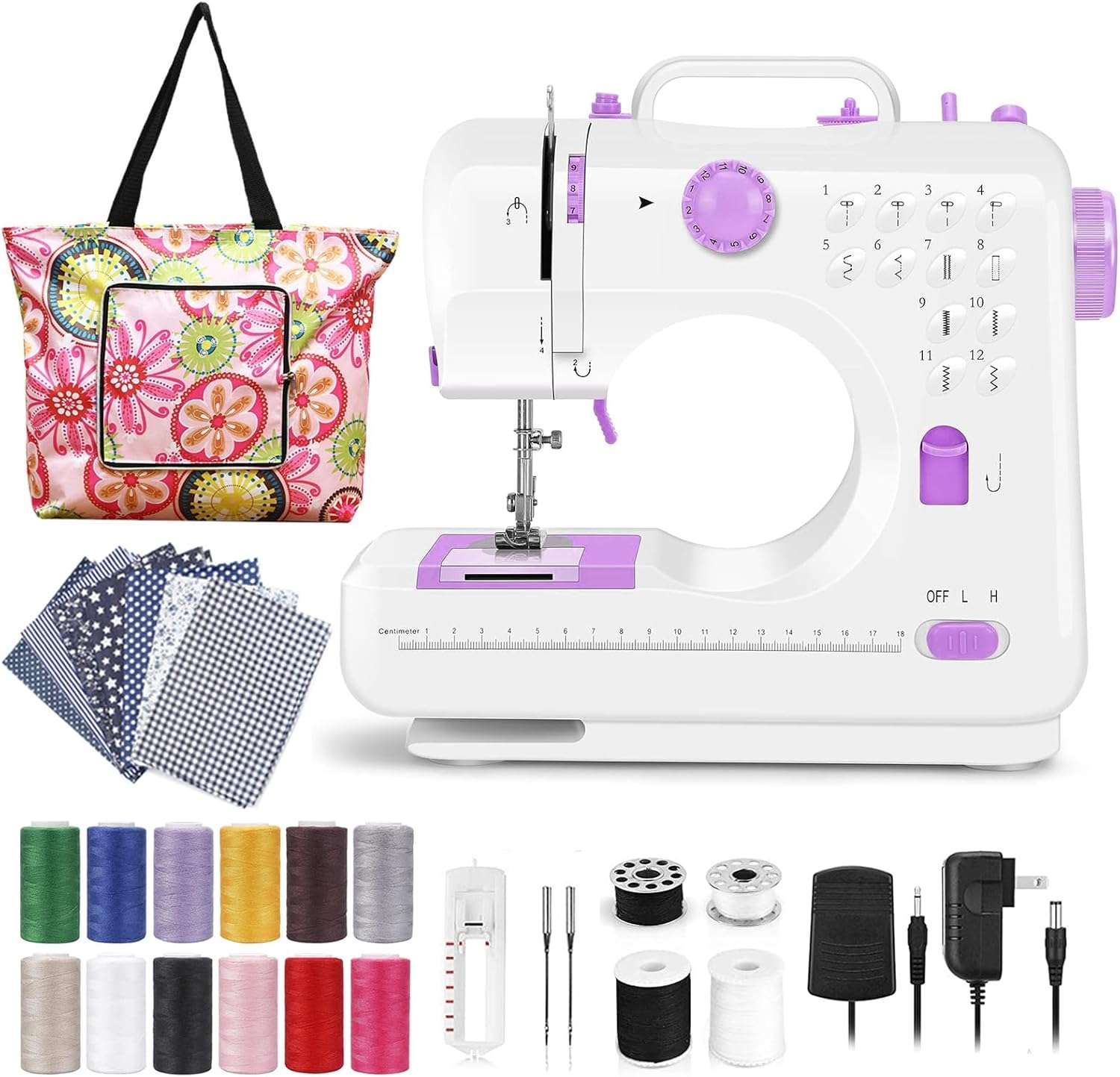 Sewing Machine for Beginners, Electric Mini Portable, 12 Built-in Stitches with Reverse Sewing, 2 Speeds Double Thread with Foot Pedal, Storage Bag, Cotton Fabric and Threads - 1