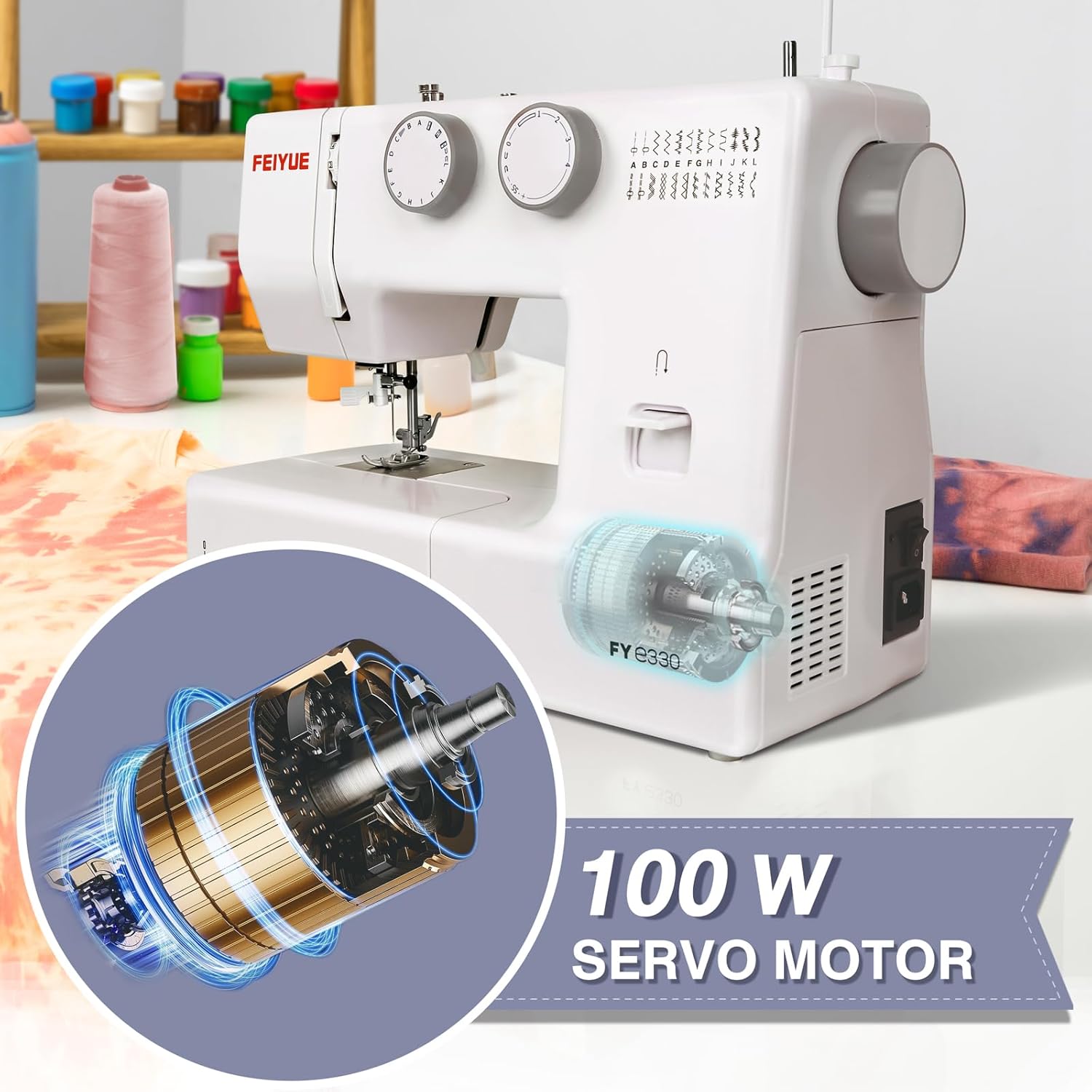 FEIYUE FYe330 Home Sewing Machine with Foot Pedal, Controllable Pedal Speed, 105 Stitch Applications, Powerful Servo Motor, Great for Beginners (White) - 4