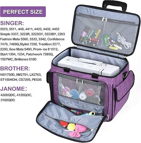 CAB55 Rolling Sewing Machine Case, Detachable Rolling Sewing Machine Carrying Case on Wheels, Trolley Tote Bag with Removable Bottom Wooden Board for Most Standard Sewing Machine - 2