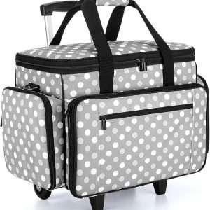 LUXJA Sewing Machine Case with Detachable Dolly, Rolling Sewing Machine Tote with Removable Bottom Pad (Fits for Most Standard Sewing Machines), Gray Dots (Patented Design) - 1