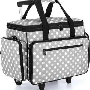 LUXJA Sewing Machine Case with Detachable Dolly, Rolling Sewing Machine Tote with Removable Bottom Pad (Fits for Most Standard Sewing Machines), Gray Dots (Patented Design)