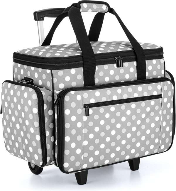 LUXJA Sewing Machine Case with Detachable Dolly, Rolling Sewing Machine Tote with Removable Bottom Pad (Fits for Most Standard Sewing Machines), Gray Dots (Patented Design) - 1