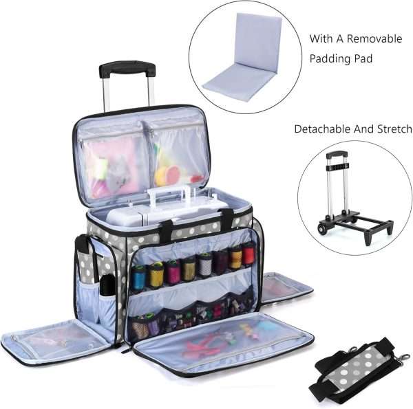 LUXJA Sewing Machine Case with Detachable Dolly, Rolling Sewing Machine Tote with Removable Bottom Pad (Fits for Most Standard Sewing Machines), Gray Dots (Patented Design) - 2