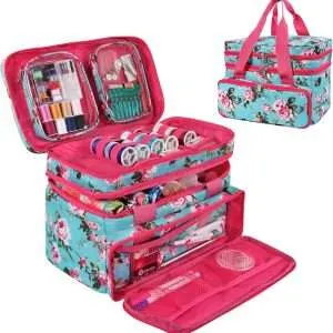 SINGER Sewing Accessories Organizer (Bag Only) – Double Layer Portable Sewing Storage Bag | 2 Detachable Pouches and 18 Compartments, Large Sewing Supplies & Crafting Carry-All (Turquoise Floral)