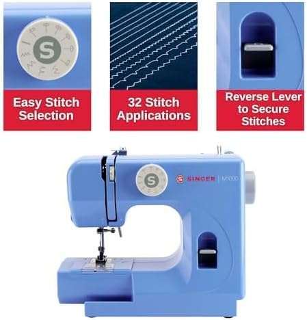 SINGER M1000 Lightweight & Portable Sewing Machine With 32 Stitch Applications, LED Light & Top drop-in bobbin for Hems - Great for Mending - Blue - 3