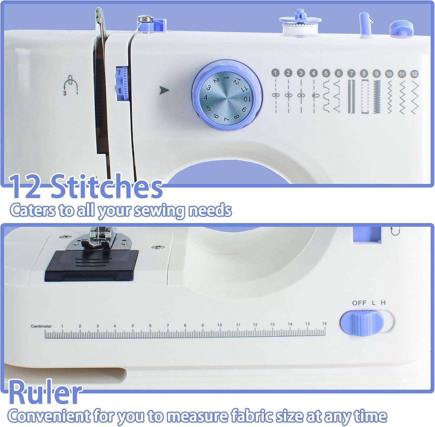 Sewing Machine for Beginners with 20 Pcs Fabric and 32 Pcs Sewing Threads Kit,Portable Sewing Machine with 12 Built-in Stitches,2 Speed - White Blue - 2