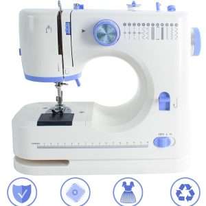 Sewing Machine for Beginners with 20 Pcs Fabric and 32 Pcs Sewing Threads Kit,Portable Sewing Machine with 12 Built-in Stitches,2 Speed - White Blue - 6