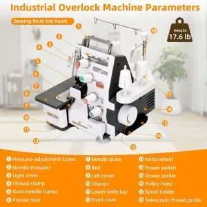 Industrial Serger Sewing Machine, Heavy-Duty Metal Frame Overlock Machine with 3-4 Stitch Capability, Overlocker Sewing Machine with LED Light，12 Stitch Patterns, 1,250 Stitches Per Minute, White
