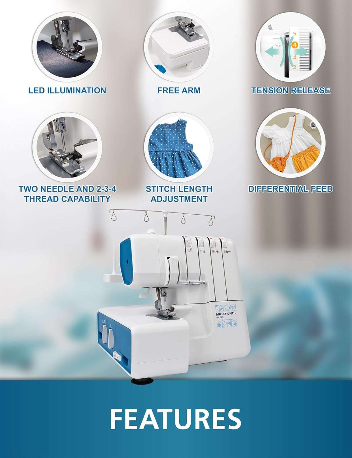MLD42 Metal Frame Serger Overlock Sewing Machine, 12 Built-In Stitches, 2-3-4 Stitch Capability, 1300 Stitches Per Minute, Serger with Accessory Kit & Adjustable Differential Feed - 3