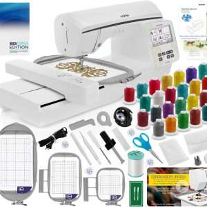 Brother NQ1700E Embroidery Machine, 6 x 10 Field Size, Cuts Jump Stitches, Wireless, Includes BES Lettering Software + Brother SA438 4 x 4 Hoop + 24 Spools of Jewel Thread + Embroidery Magic Video - 1