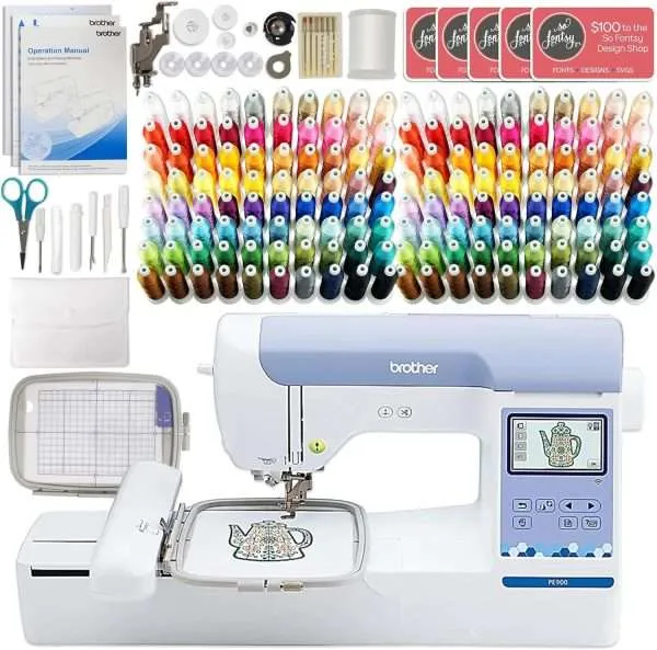 Brother PE900 5" x 7" Embroidery Machine with 160 Embroidery Thread Spools and Accessories