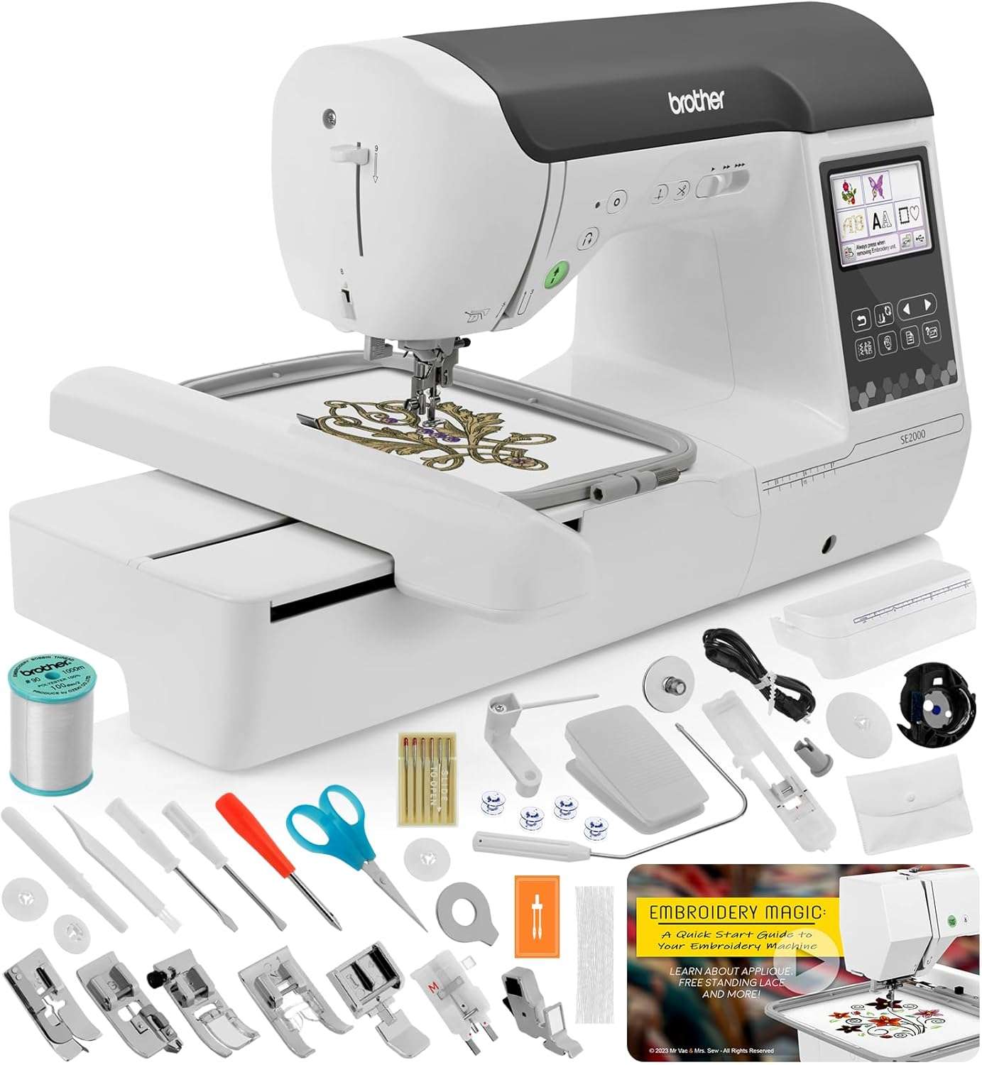 Brother SE2000 Sewing and Embroidery Machine, 5 x 7 Field Size, 241, Sewing Stitches, Cuts Jump Stitches, Wireless, WLAN, Includes Mr. Vac & Mrs. Sew - Embroidery Magic- Quick Start Video - 1