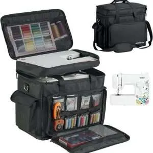 2 Layer Sewing Machine Case with Adjustable Shoulder Strap Sewing Machine Carrying Case Universal Tote Bag for Sewing Machine and Sewing Accessories Storage Black