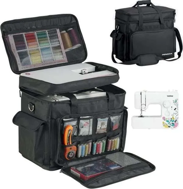 2 Layer Sewing Machine Case with Adjustable Shoulder Strap Sewing Machine Carrying Case Universal Tote Bag for Sewing Machine and Sewing Accessories Storage Black