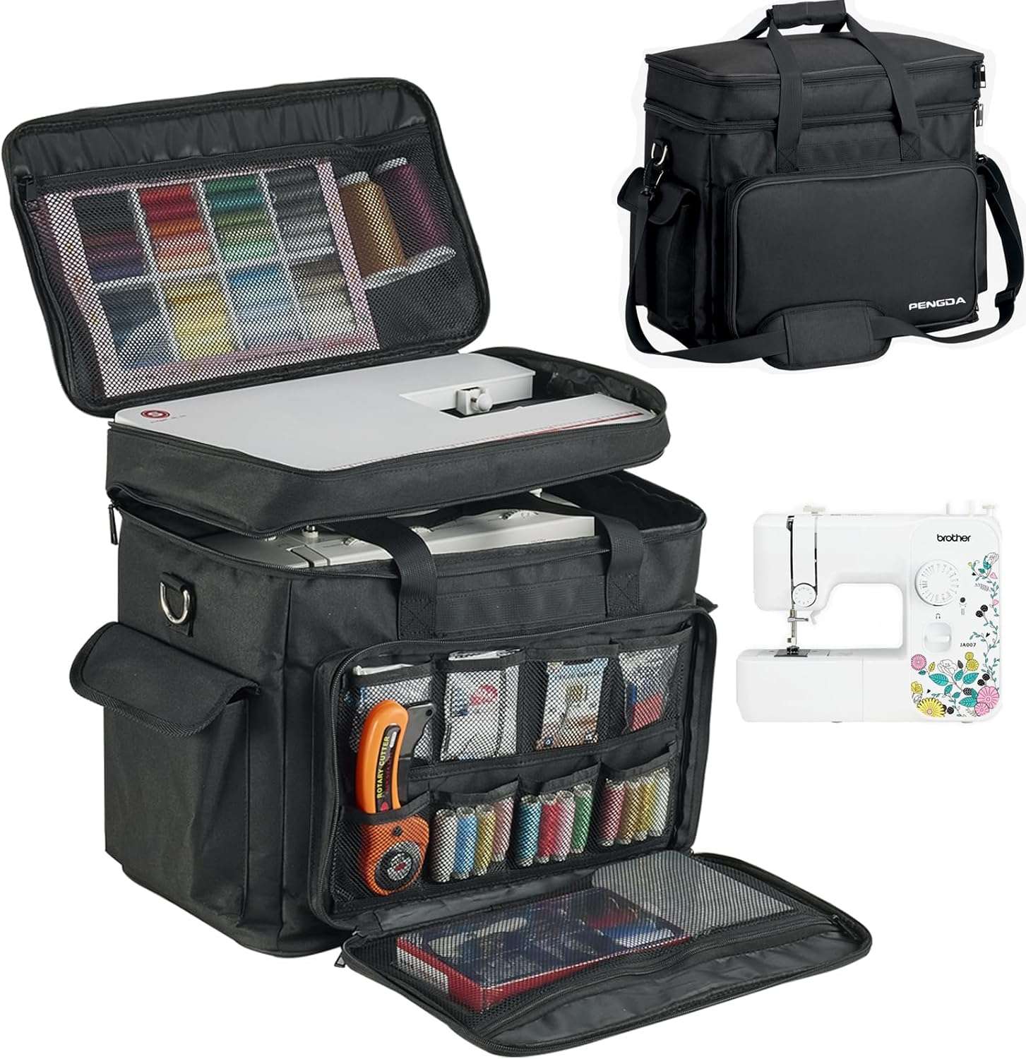 2 Layer Sewing Machine Case with Adjustable Shoulder Strap Sewing Machine Carrying Case Universal Tote Bag for Sewing Machine and Sewing Accessories Storage Black - 1