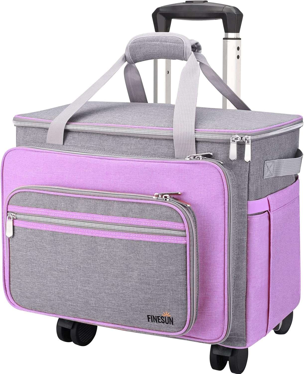 FINESUN Sewing Machine Case with Wheels, Foldable Deluxe Rolling Sewing Machine Carrying Bag for Brother, Singer, Bernina and Most Machines,purple-grey - 1