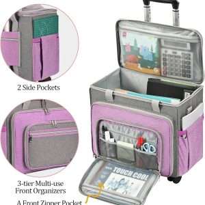 FINESUN Sewing Machine Case with Wheels, Foldable Deluxe Rolling Sewing Machine Carrying Bag for Brother, Singer, Bernina and Most Machines,purple-grey - 2