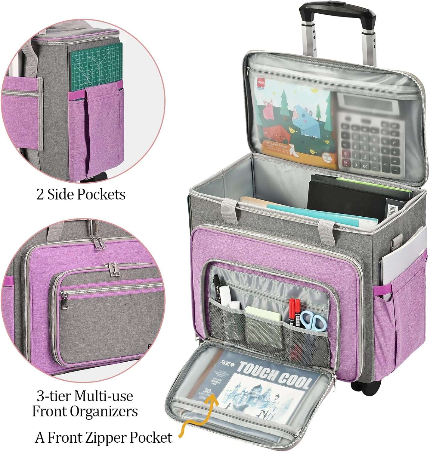 FINESUN Sewing Machine Case with Wheels, Foldable Deluxe Rolling Sewing Machine Carrying Bag for Brother, Singer, Bernina and Most Machines,purple-grey - 2