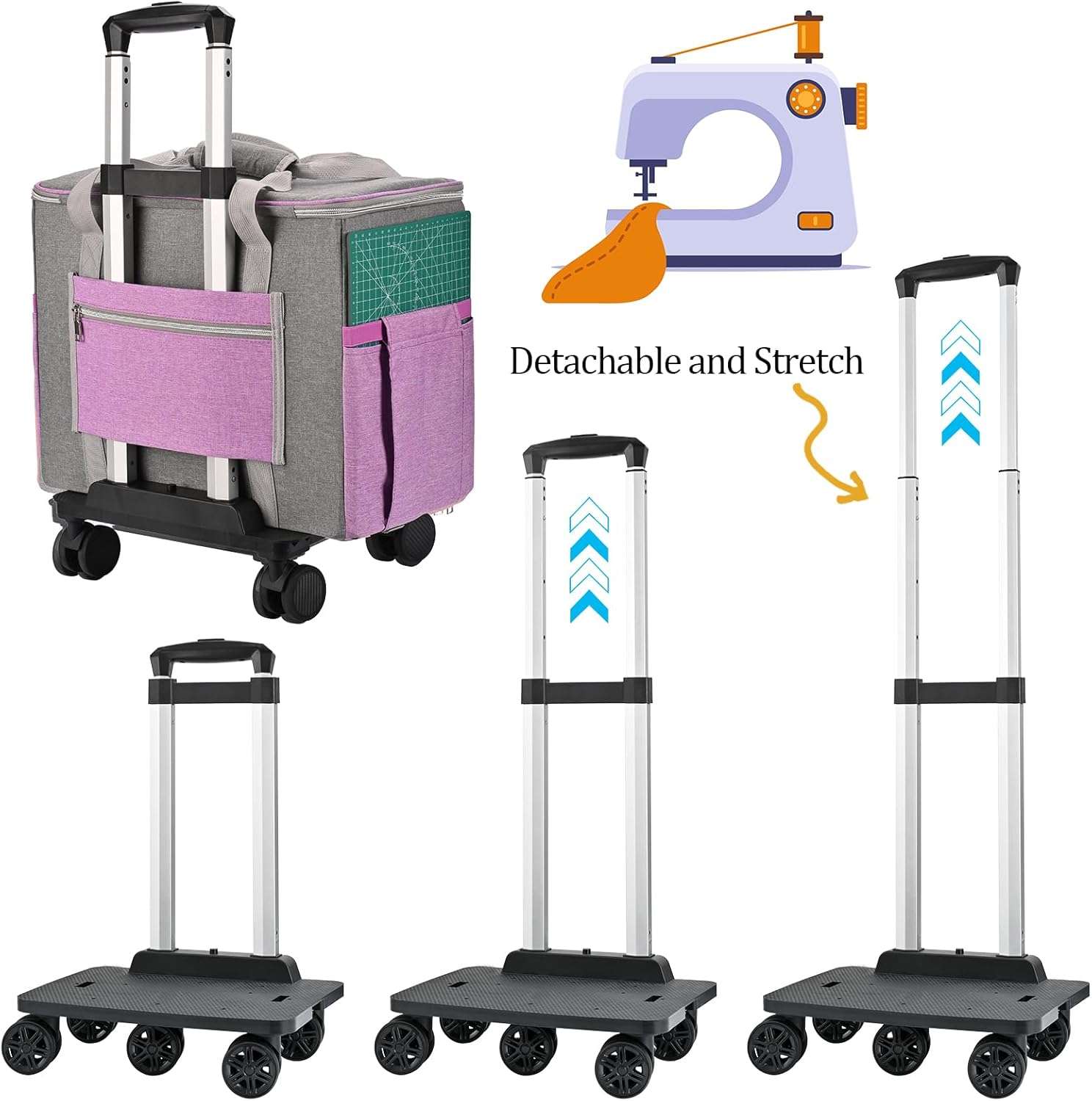 FINESUN Sewing Machine Case with Wheels, Foldable Deluxe Rolling Sewing Machine Carrying Bag for Brother, Singer, Bernina and Most Machines,purple-grey - 4