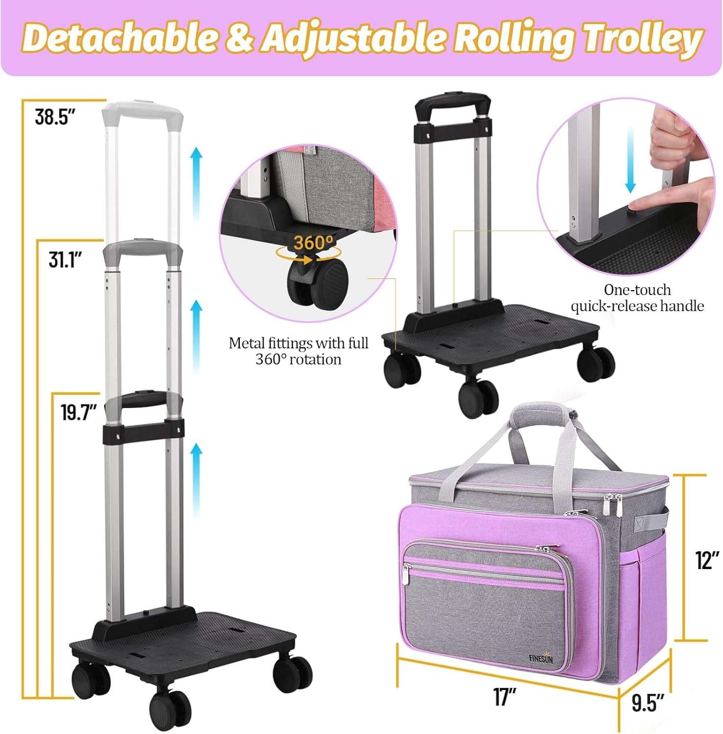 FINESUN Sewing Machine Case with Wheels, Foldable Deluxe Rolling Sewing Machine Carrying Bag for Brother, Singer, Bernina and Most Machines,purple-grey - 5