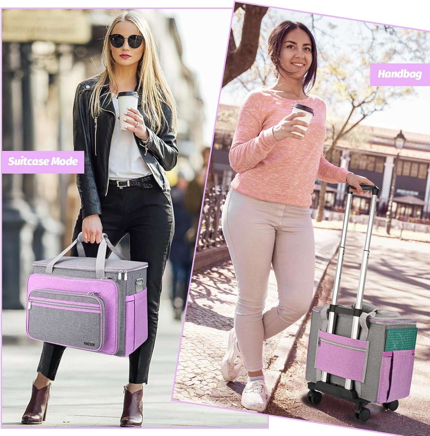 FINESUN Sewing Machine Case with Wheels, Foldable Deluxe Rolling Sewing Machine Carrying Bag for Brother, Singer, Bernina and Most Machines,purple-grey - 6