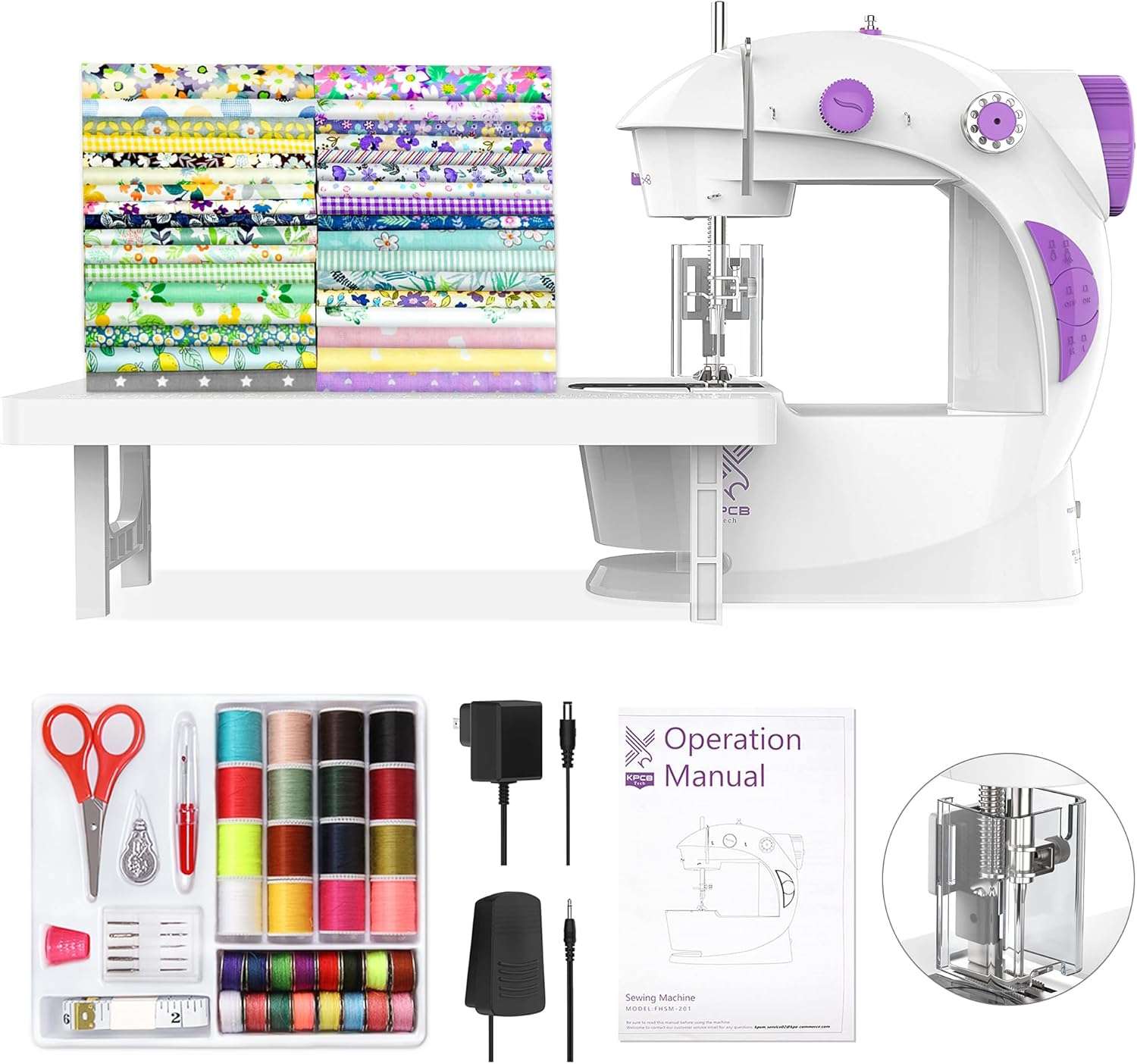 KPCB Tech Sewing Machine for Beginners [Full Set] with Finger Guard and Fabric Bundles - Mini Sewing Machine with Sewing Kits, Foot Pedal, US Adapter and Extension Table - 1
