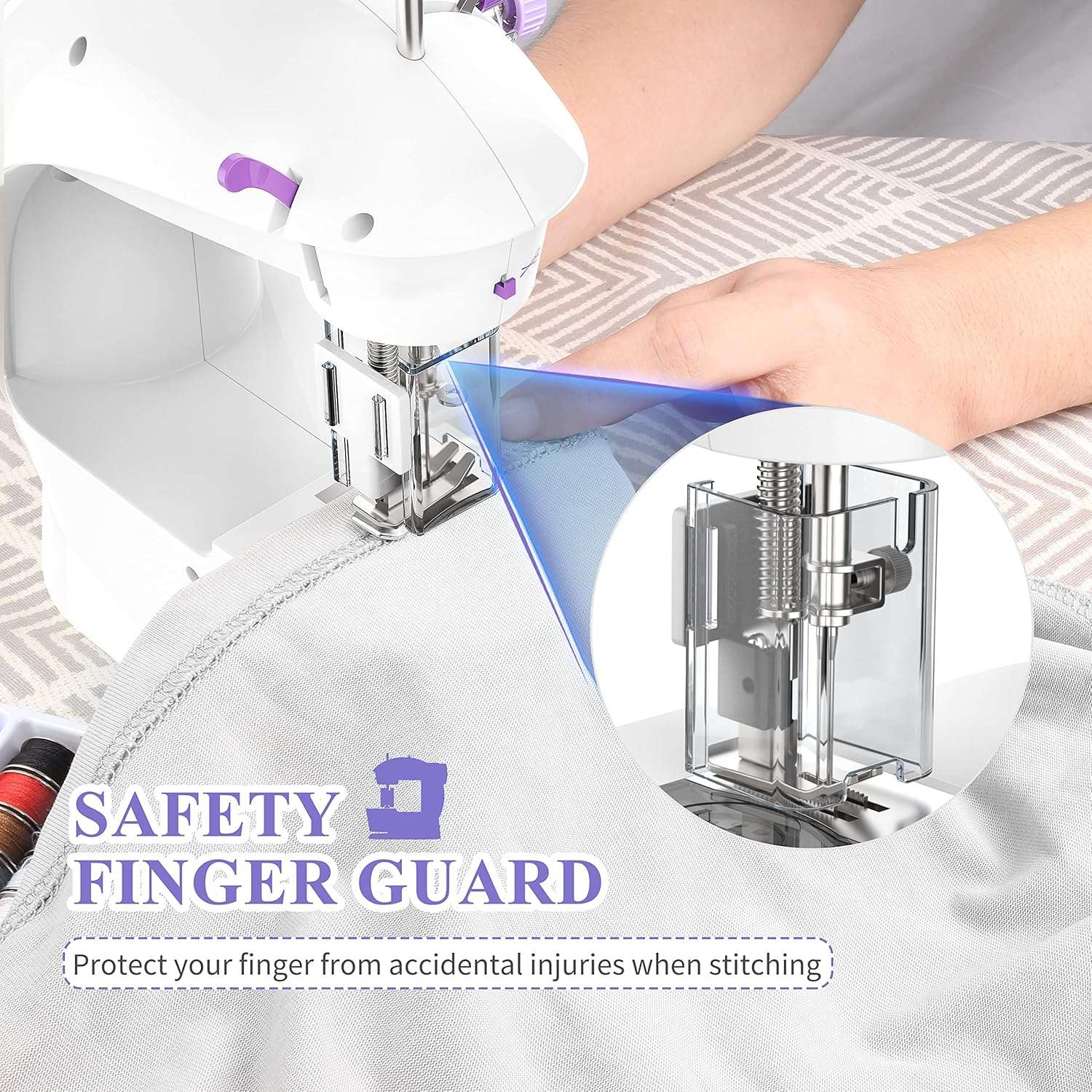 KPCB Tech Sewing Machine for Beginners [Full Set] with Finger Guard and Fabric Bundles - Mini Sewing Machine with Sewing Kits, Foot Pedal, US Adapter and Extension Table - 3