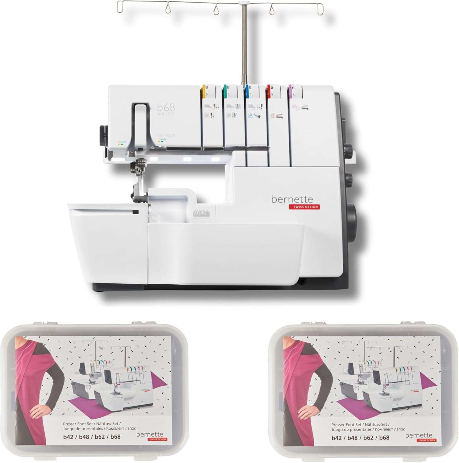 Bernette B68 Airlock Serger Sewing Machine - Adjustable Stitch Length, 1300SPM, LED Light, 5 Thread Options, Presser Foot Adjustment - Free 6 Pcs Overlock Foot Kit & 7 Pcs Coverstitch Foot Kit - 1