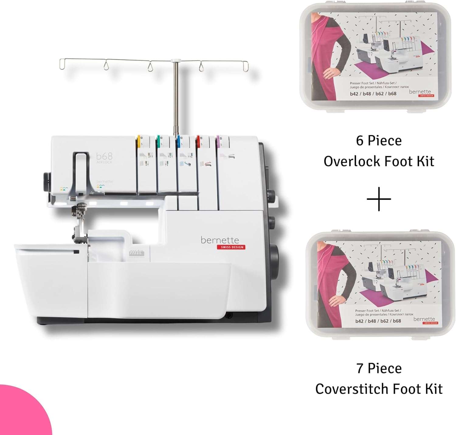 Bernette B68 Airlock Serger Sewing Machine - Adjustable Stitch Length, 1300SPM, LED Light, 5 Thread Options, Presser Foot Adjustment - Free 6 Pcs Overlock Foot Kit & 7 Pcs Coverstitch Foot Kit - 2