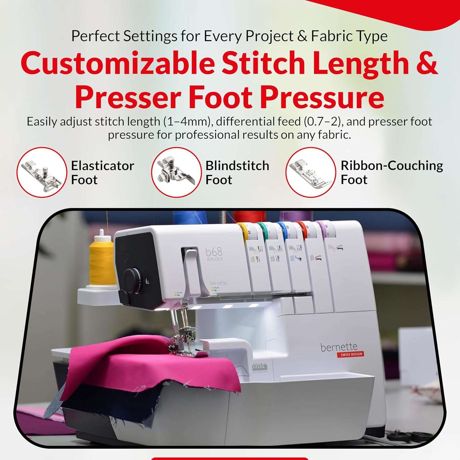 Bernette B68 Airlock Serger Sewing Machine - Adjustable Stitch Length, 1300SPM, LED Light, 5 Thread Options, Presser Foot Adjustment - Free 6 Pcs Overlock Foot Kit & 7 Pcs Coverstitch Foot Kit - 5