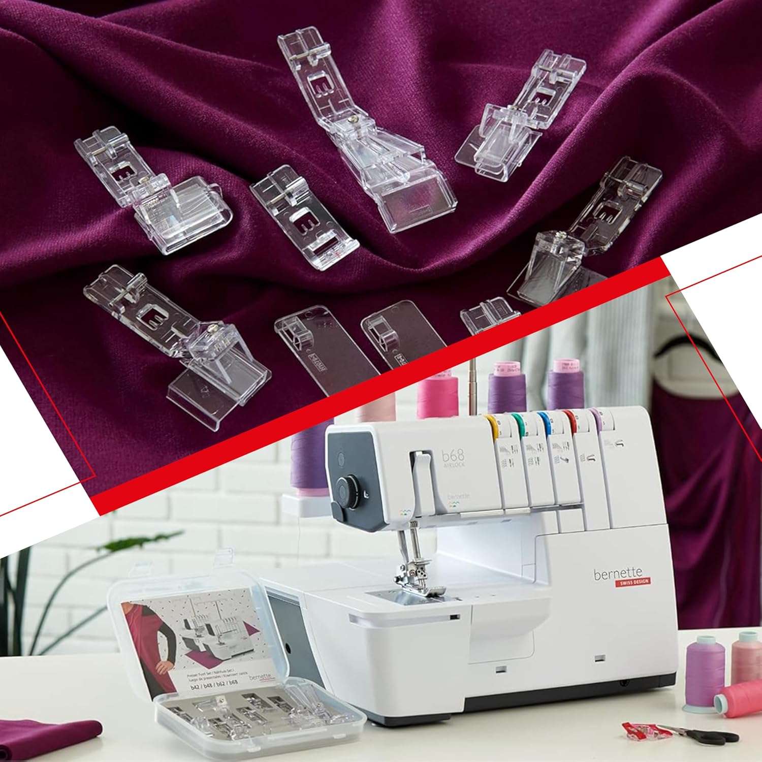 Bernette B68 Airlock Serger Sewing Machine - Adjustable Stitch Length, 1300SPM, LED Light, 5 Thread Options, Presser Foot Adjustment - Free 6 Pcs Overlock Foot Kit & 7 Pcs Coverstitch Foot Kit - 7