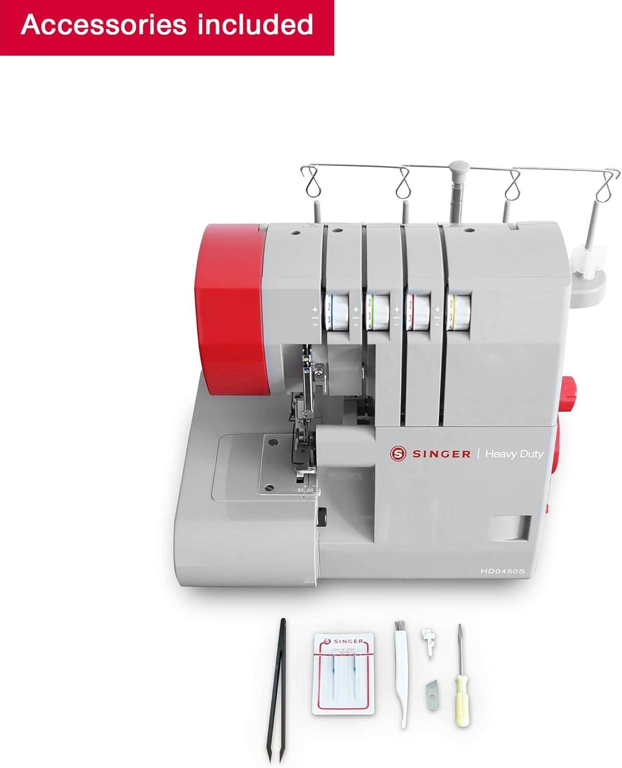 SINGER HD0450S Heavy Duty Serger - Overlock Machine with 2-3-4 Thread Capability, 1300 Stitches-Minute, 60% Larger Cutting Knife, Differential Feed, Full Metal Frame & Free Arm - 2