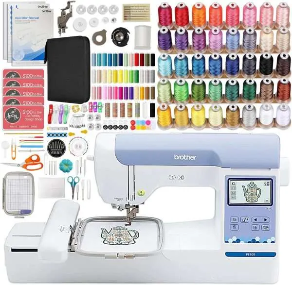 Brother PE900 5" x 7" Embroidery Machine with Embroidery Threads & Deluxe 250+ Accessory Kit
