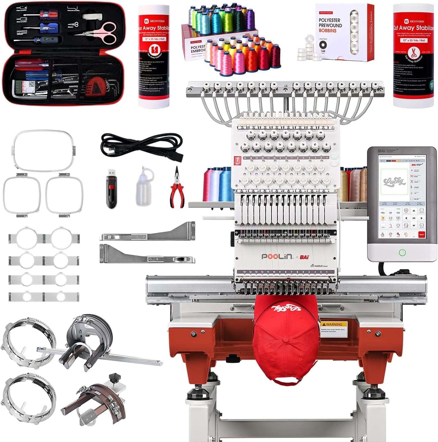 Poolin Embroidery Machine 15 Needles 14x20 inch Area, Full Metal Body 1200spm Auto Color Change & Thread Trimming, WiFi Design Upload, for Cap Hoodie T-Shirt Jacket Pants - 1