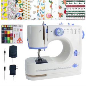 Sewing Machine for Beginners with 20 Pcs Fabric and 32 Pcs Sewing Threads Kit,Portable Sewing Machine with 12 Built-in Stitches,2 Speed(High-Low Speeds) - White Blue - 1
